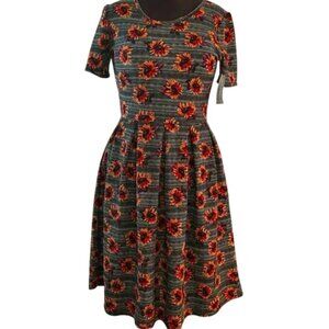LulaRoe Amelia Flower Short Sleeve Peplum Dress Sunflower Size Medium NWT